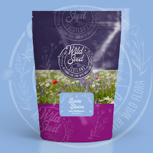 A Wild Seed Scotland packet of wildflower seed mix uk of Bonnie Blooms featuring General Purpose 100% Wildflower Mix which is a 100% wildflower seed mixture. To highlight british wild flower seeds, british wildflower seeds, wildflower mixes, mixed wildflower seeds, uk wildflower seeds, wildflower meadows, wildflower meadow, universal wildflower mix.
