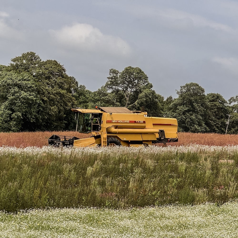 Yellow New Holland combine harvesting wildflowers in a scottish field with trees in the background.